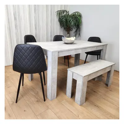 Dining Table and Chairs With Bench Stone Grey Effect Wood Table Black Leather Chairs Dining Room