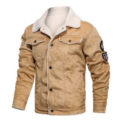 (xS, Khaki) Pu Jacket Men Thick Warm Cashmere Military Bomber Tactical Leather Jackets Mens Outw