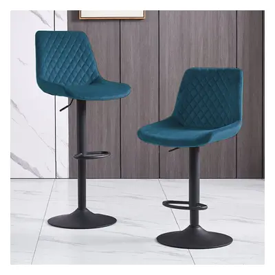 (Teal) 2pcs Velvet Bar Stools Swivel Gas Lift Rest Chair