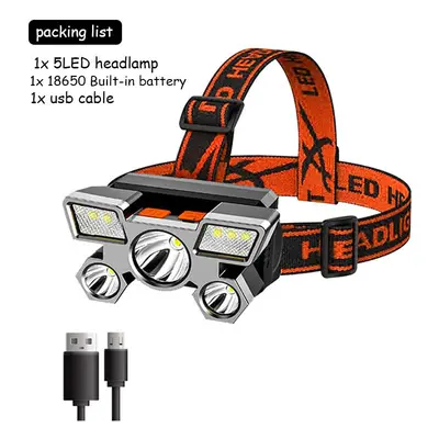 (A Packing) 5LED with Built-in Battery USB Rechargeable Portable Flashlight Lantern Headlamp Out