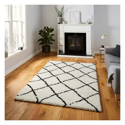 (White/Black, x cm) Diamond Geometric Shaggy Rugs Nordic Scandi Barber Style Rug Soft Warm Small