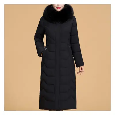 (black, 2XL) Plus Size Xl-6xl Middle Age Woman Long Coat Winter Thick Warm Overcoats Hooded Eleg