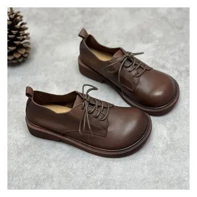 (coffee, 40) Johnature Genuine Leather Women Casual Pumps Retro Cowhide Soft Sole Round Toe Soli