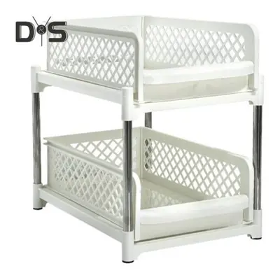 (white, M) Sliding Under-sink Organizer Storage Rack Double-layer Design Large Capacity Strong L