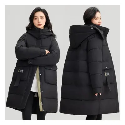 (black, M) Autumn Winter Thicken Warm Long Stand Collar Parka Women Casual Solid Color Big Pocke