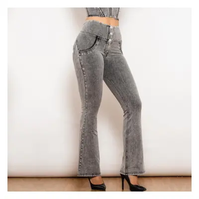 (L) Shascullfites Melody Grey Flared Lift Jeggings Button Up Jeans Butt Lift High Waist Flare Je