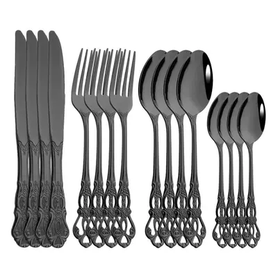 (black) 16pcs Royal Gold Dinnerware Mirror Polish Stainless Steel Tableware Knife Fork Spoon For