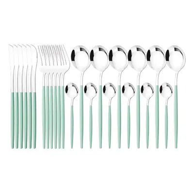 (mint,silver) 24pcs Mint Gold Dinnerware Set Knife Fork Coffee Spoon Cutlery Western Stainless S