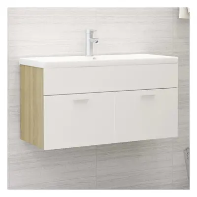 vidaXL Sink Cabinet with Built-in Basin White and Sonoma Oak Chipboard Rack