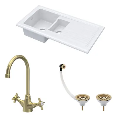 Fireclay Kitchen Bundle - 1.5 Bowl Sink & Drainer, Waste & Mono Crosshead Tap, 1010mm - Brushed 