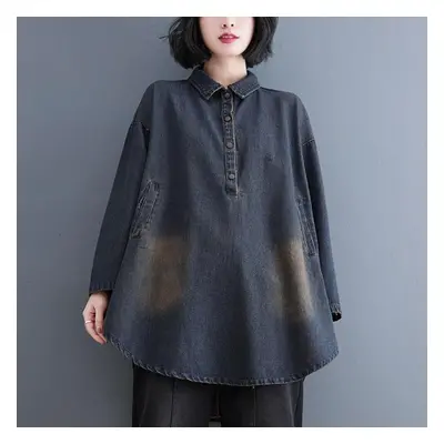 (blue, M) Dimanaf Plus Size Spring Blouse Casual Long Sleeve Shirt Denim Women Solid Long Sleeve