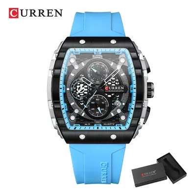 (sky blue box, CHINA) Mens Square Quartz Wristwatch Waterproof Luminous Chronograph Watch