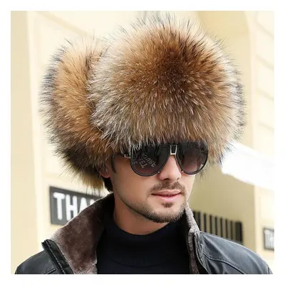 (yellow, 58cm-59cm) New Winter Men&apos;s 100% Real Silver Fox Fur Bomber Hat Raccoon Fur Ushank