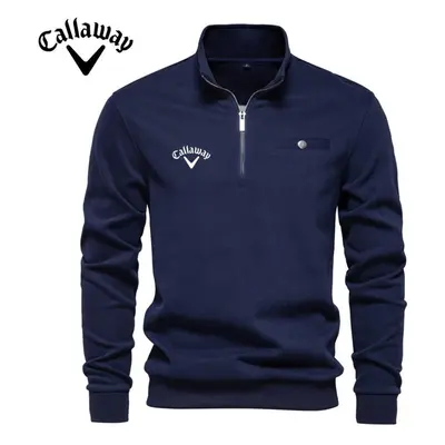 (navy blue, 2XL) Callaway Autumn New Men&apos;s Long Sleeved Half Zip Hoodie Casual Solid Color 