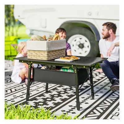 Outsunny Folding Camping Table w/ Adjustable Height, Storage Basket, Black