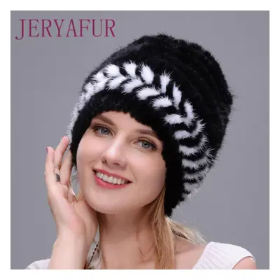 (black,white) Jeryafur Winter Women Mink Fur Woven Fur Hat Ladies Fashion Warm Padded Fur Earmuf