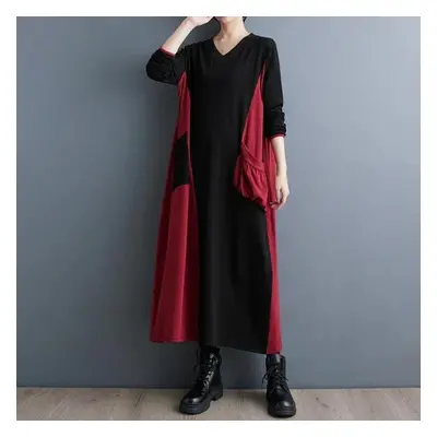 (red, One Size) Xitao Casual Dress Contrast Color Patchwork Women Dress Dmj3101