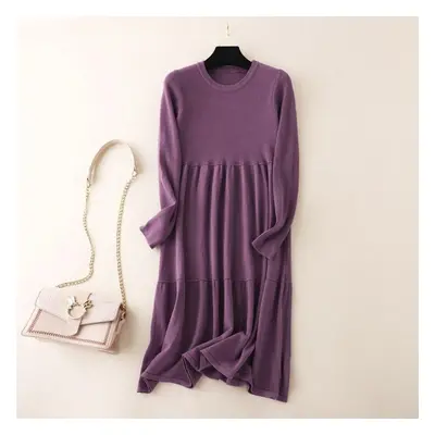 (purple, OneSize) Women Autumn Winter O Neck Long Sleeve Solid Color Loose Knit Sweater Dress