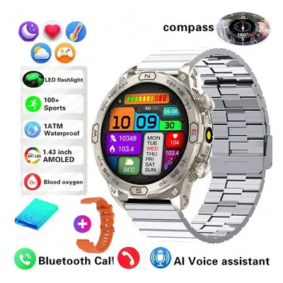 (silver,orange, Bamboo steel + silicone) New Outdoor Military Gps Smart Watch Men Amoled Hd Scre