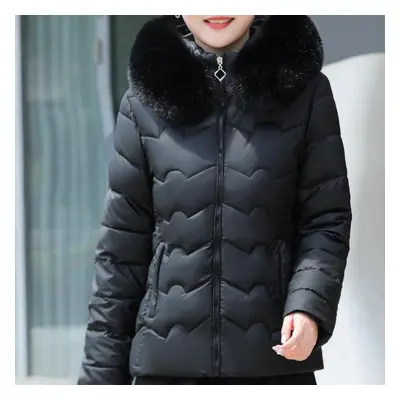 (black, XL) Fashion Winter Short Parkas Female Outerwears Hooded Faux Fur Collar Lady Jackets Th