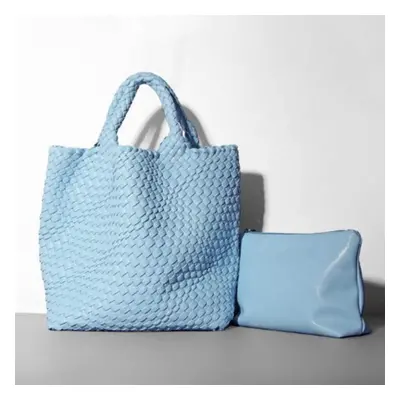 (sky blue) Pu Leather Bucket Bag For Women Soft Leather Tote Bag Shoulder Bag Luxury Knitting De