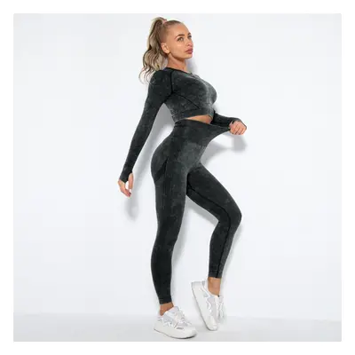 (black, M) Women Seamless Washed Peach Hip Lifting Sports Running Fitness O Neck Long Sleeve Pan