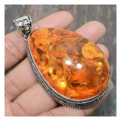 (orange, 2.88 Inches) Baltic Amber Gemstone Handmade Solid Sterling Silver Jewelry Pendant For H