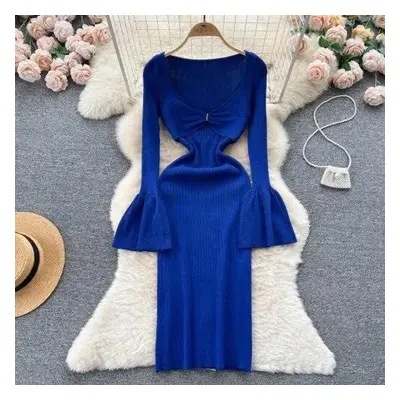 (blue, One Size) Sexy Bodycon V Neck Flare Long Sleeve Knit Dress Chic Elegant Vestidos Autumn W