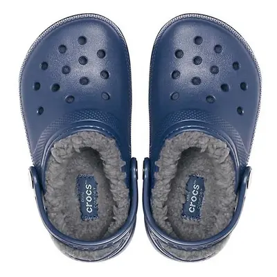 Crocs Kids Classic Fuzz Lined Roomy Fit Clogs Shoes Sandals in Navy Blue & Charcoal Grey 459 [Ch