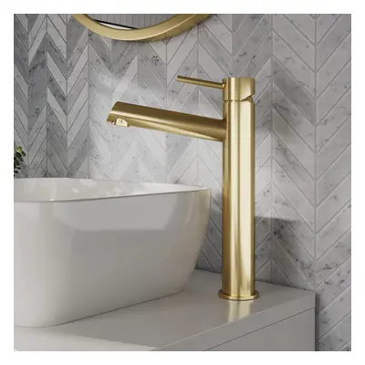 Minimalist Round Tall Mono Basin Mixer Tap - Brushed Brass