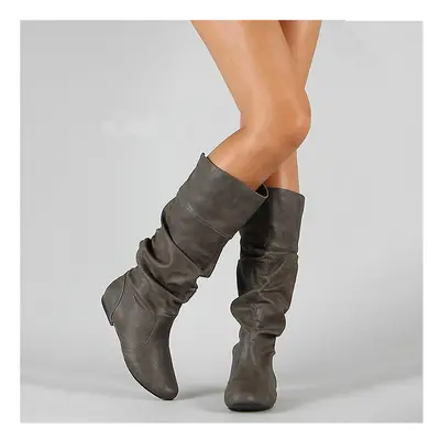 (Women Faux Leather Flat Mid Calf Slouch Boots Wide Leg Shoes) Women Faux Leather Flat Mid Calf 