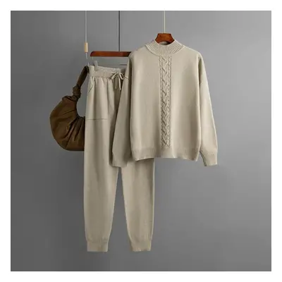 (khaki, OneSize) Fall Winter Lazy Wind Loose Half High Collar Pullover Sweater Suit Women&apos;s