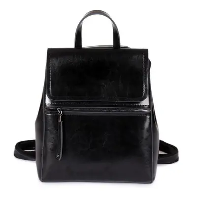 (black) Johnature Genuine Leather Backpack Women Bag Fashion Oil Wax Cowhide Solid Color Schoolb