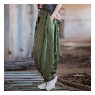 (green, One Size) Johnature Women Vintage Ramie Pants Solid Color Loose Ramie Trouser Spring Ela