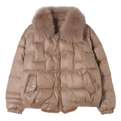 (coffee, XL) Winter Lightweight Fox Fur Collar Button Down Jacket Women White Duck Down Jacket L