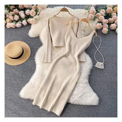 (apricot, One Size) Women Autumn Winter Twist Crop Sweater Hip Dress Knit Set For Laides Solid C