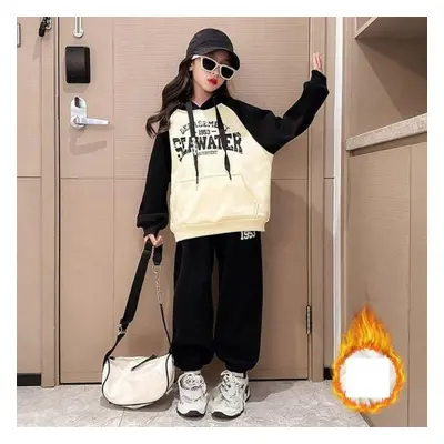 (apricot, 150) Kids Girls Clothes Sets Autumn Winters Warm Fleece Letters Fashion Long Sleeve Sw