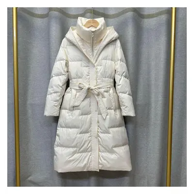 (beige, XL) Women&apos;s Winter Autumn Hooded White Duck Down Jacket Coat Loose Long Solid Color