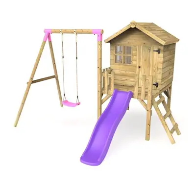 (Purple) Rebo Orchard 4ft x 4ft Wooden Playhouse with Swings, 900mm Deck and 6ft Slide - Solar