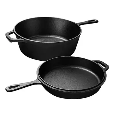 KICHLY 3L/3.2 Quart Pre Seasoned Cast Iron Dutch Oven with Lid - Dual Function Cast Iron Pot, Sk