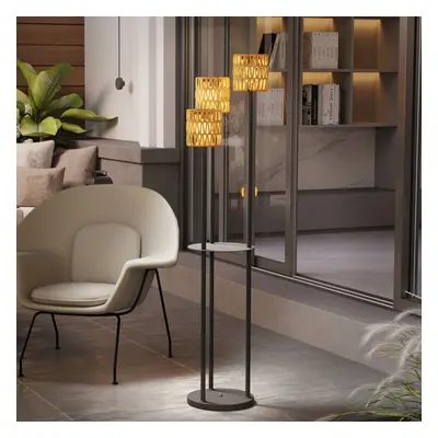 Outsunny 3-Light Solar Rattan Floor Lamp with Shelf, Auto On/Off, Yellow