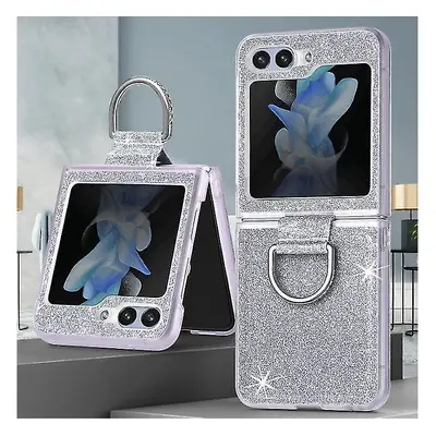 (silver) Galaxy Z Flip 5g Case With Ring, Glitter Crystal Bling Sparkly Leather With Slim Fit Ha