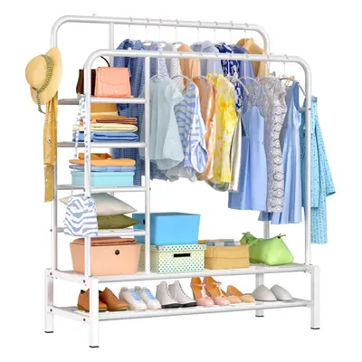 (White) Metal clothes rod double rod clothes hanger multifunctional clothes rack with storage ra