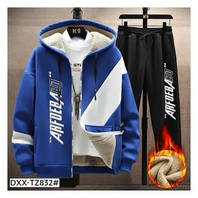 (blue, L) Men &apos;s Jacket Autumn And Winter Plus Velvet Thick Lamb Wool Sports Suit Two -piec