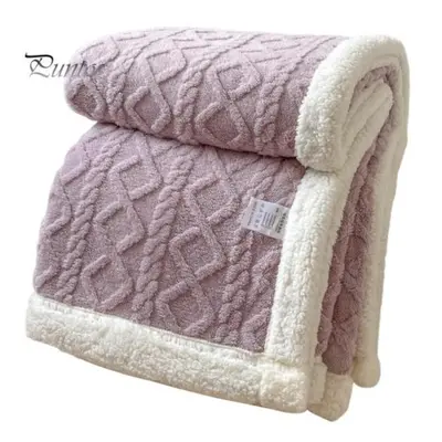 (purple, 2x2.3m) Winter Thickened Blanket Double-sided Fluff Plush Double-layer 3D Jacquard Soli