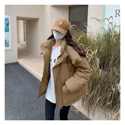 (khaki, M) Autumn Winter Cotton-padded Jacket Women Love Short Style Down Cotton Bread Coat