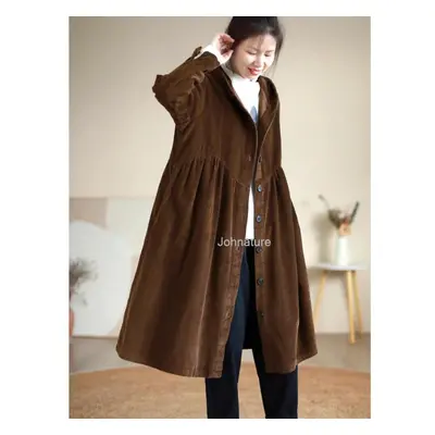 (coffee, One Size) Johnature Women Vintage Corduroy Hooded Trench Button Solid Color Long Sleeve