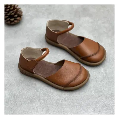 (brown, 39) Johnature Retro Handmade Genuine Leather Flats Sandals Casual Versatile Comfortable 