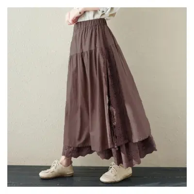 (brown, One Size) Vintage Mori Cotton Linen Patchwork Lace Skirts Spring All Match Elastic Waist