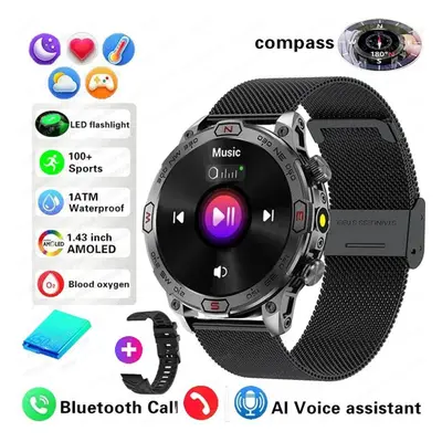 (black, Mesh steel + silicone) New Outdoor Military Gps Smart Watch Men Amoled Hd Screen Heart R